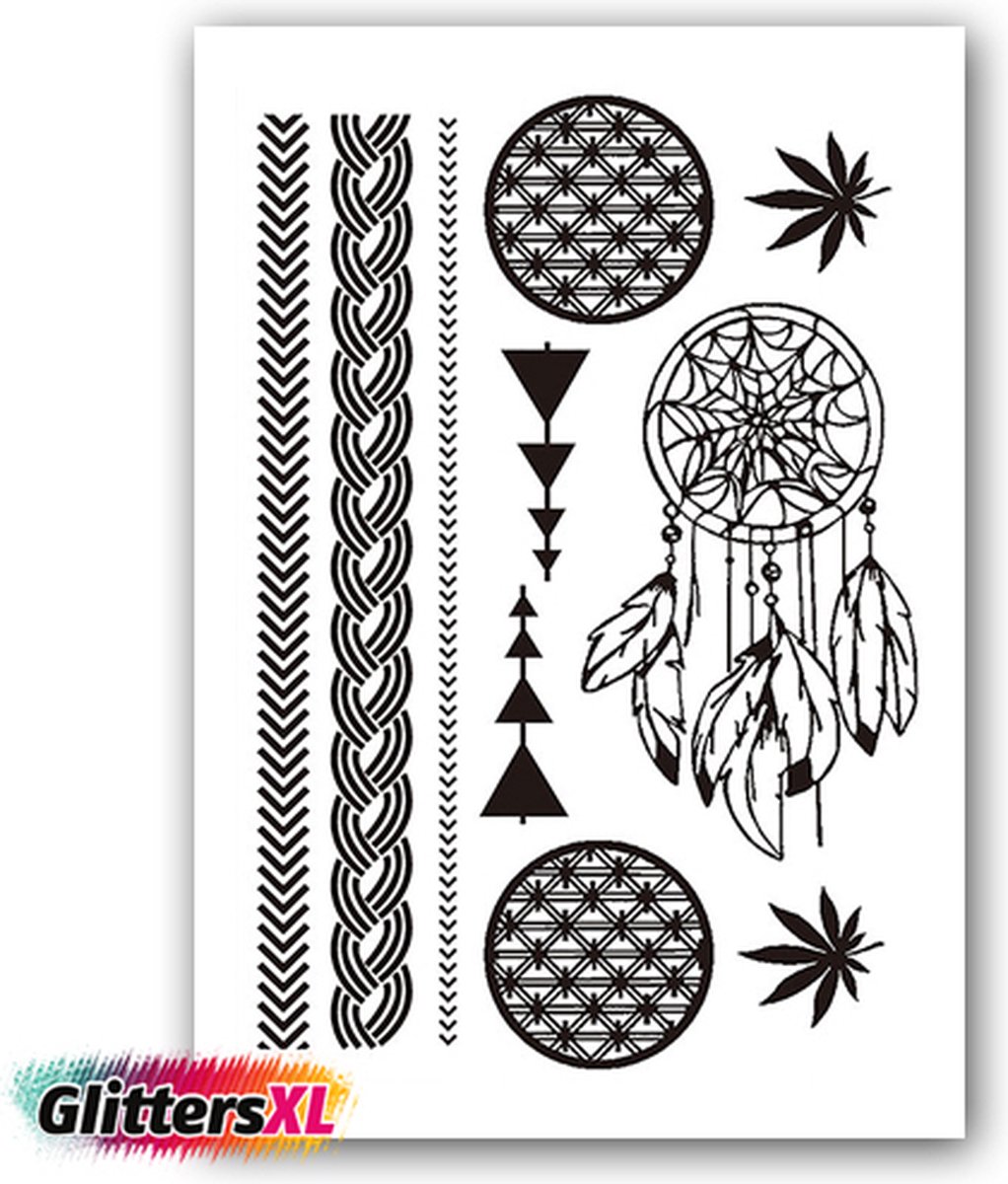 GlittersXL - Temporary Tattoo Henna (A5 formaat) [Neptattoo - Tijdelijke tatoeage - Nep Fake Tattoos - Water overdraagbare festival sticker henna outfit tattoo - Glitter tattoo - Volwassenen Kinderen Jongen Meisje]